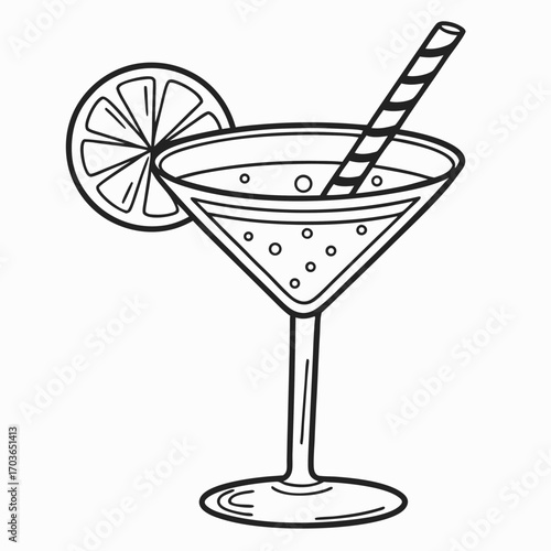 Vector art of line art illustration of a cocktail with a lemon slice and straw