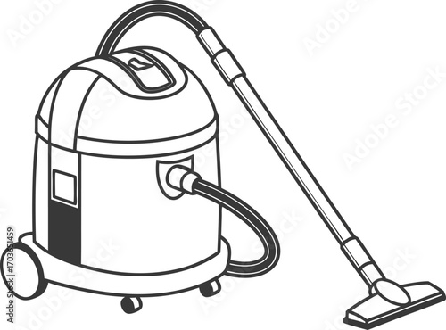 Illustration of a canister vacuum cleaner with hose and floor nozzle