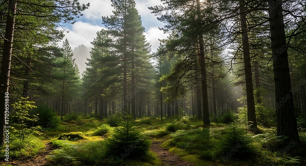 Naklejka premium Lush Forest Scene - Towering Trees and Verdant Undergrowth.