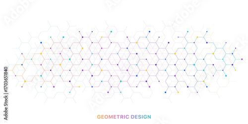 Abstract hexagonal molecular structure with colorful dots on white background