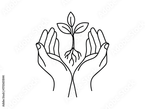 Hands gently holding a growing plant with roots and leaves