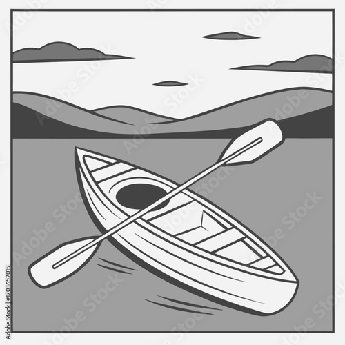Vector art of a single kayak with a paddle rests on the water, with rolling hills and clouds in the background