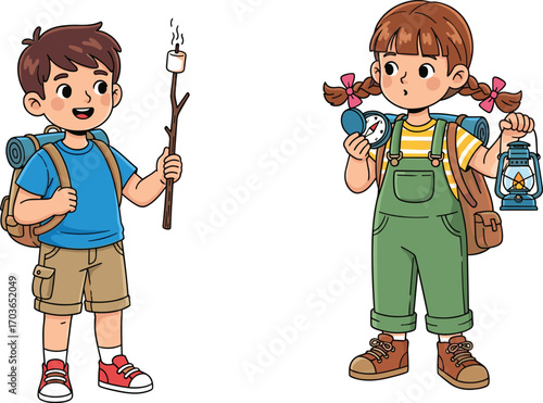 Boy holding marshmallow stick, girl with lantern and compass, kids camping adventure, backpackers, cartoon outdoors, night exploration, forest trip