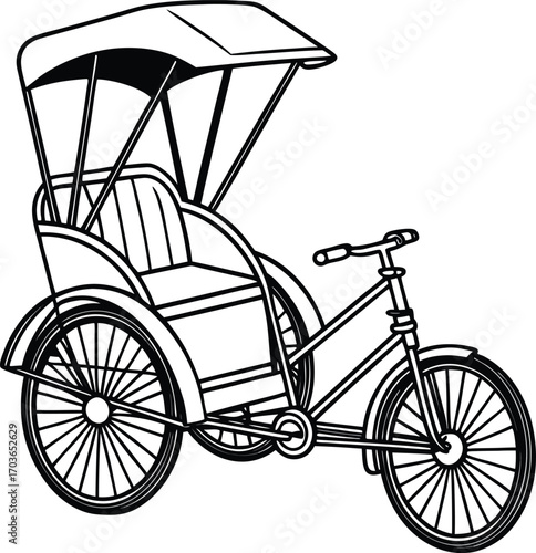 Vector art of black and white line drawing of a rickshaw