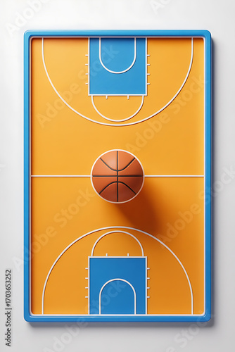 Basketball court, orange and blue, ball centered.
