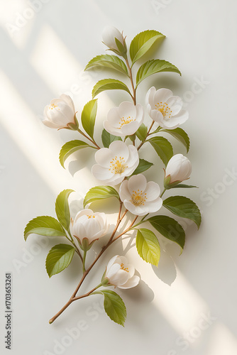 Delicate white flowers and leaves, sunlit.
