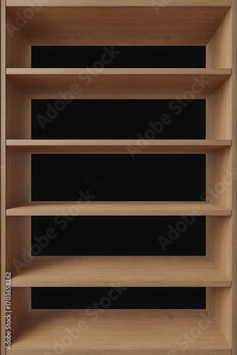 Empty wooden bookcase with five shelves.
