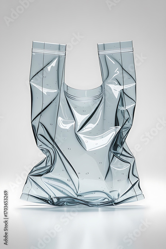 Transparent plastic bag, crumpled and distorted, highlighting environmental concerns.
