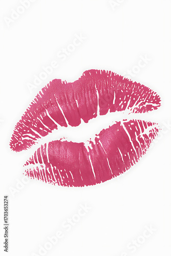 Pink lipstick kiss print on white background.
