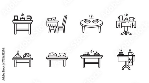 Collection of eight different food serving tables and buffet displays silhouette