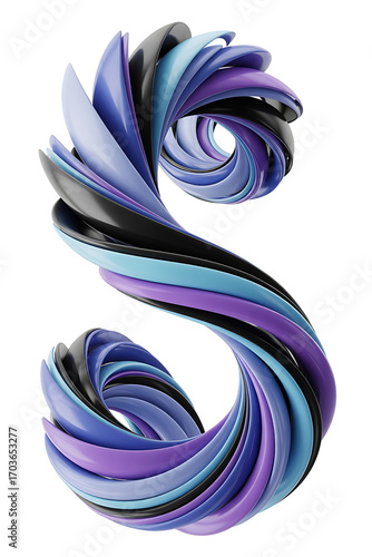 Abstract S letter, swirling ribbons of purple, blue, and black.
