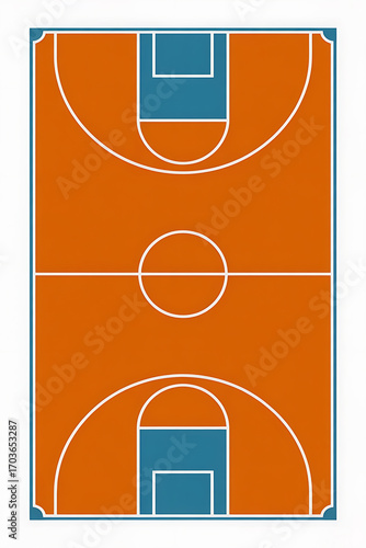 Basketball court, orange and teal. Empty playing surface.
