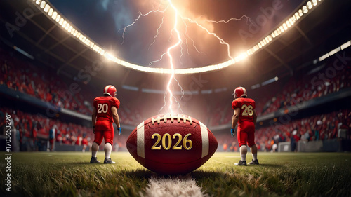 American Football 2026 super bowl wuth ball in stadium arena hit by lightning 2k 26 Happy New Year 2026
