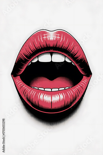 Open mouth, red lips, bold graphic design.
