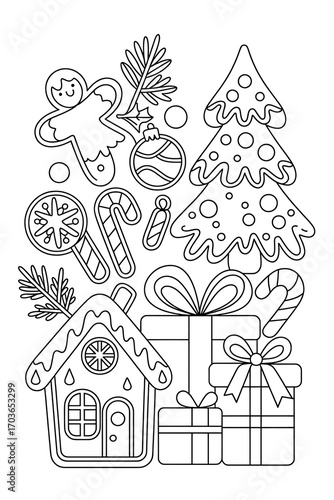 Christmas treats and decorations, black and white coloring page.
