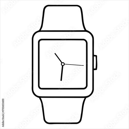Black outline of a square faced digital smartwatch with a simple clock face digital watch black and white