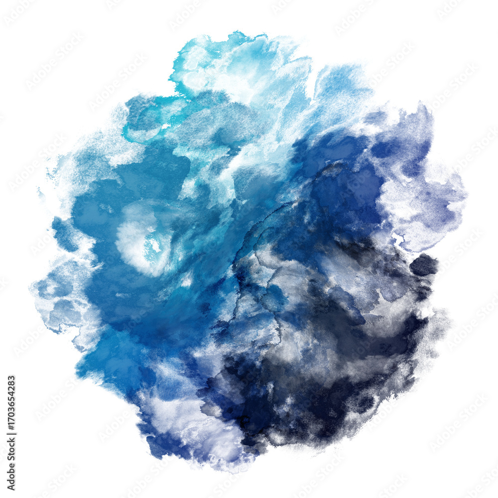 Fototapeta premium Dark blue watercolor paint round shape with liquid fluid grunge texture isolated on transparent background for design elements.