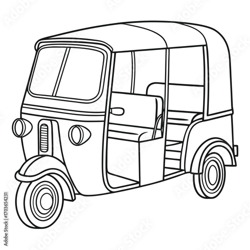Vector art of line art illustration of a threewheeled auto rickshaw