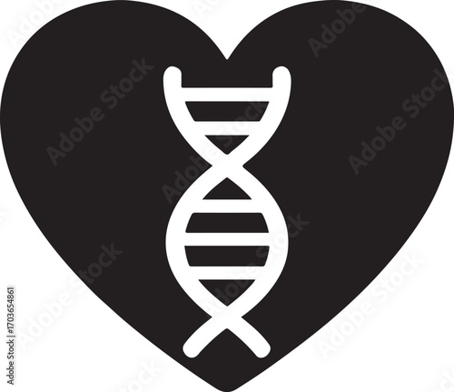 Heart silhouette with DNA strand, symbolizing genetics, health, science, research, and medical care.