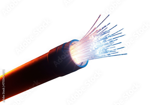 Close up of illuminated fiber optic cable strands against a dark background