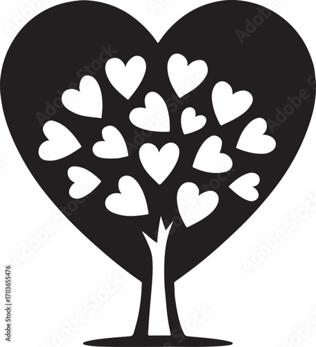 Heart tree silhouette illustration, symbolizing love, growth, nature, family, and life balance.