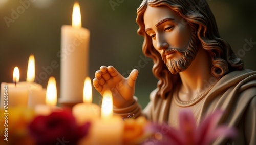  A close-up of a serene statue of Jesus Christ with outstretched arms, soft golden hour light casting a divine glow on the figure, surrounded by candles and flowers.
