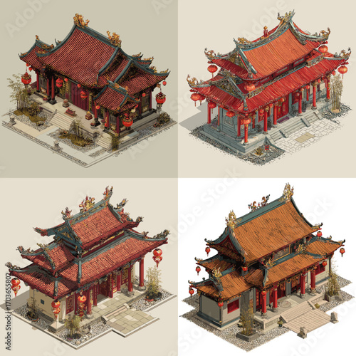 Isometric illustrations of traditional Chinese temples with red tiled roofs and lantern decorations, symbolizing culture, heritage, and spirituality.