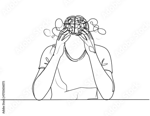 Continuous line art showing person's head with tangled thoughts or emotions