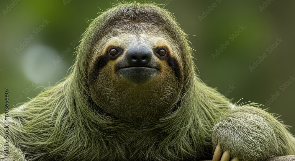 Fototapeta premium Portrait of a cute sloth, looking at the camera, natural habitat