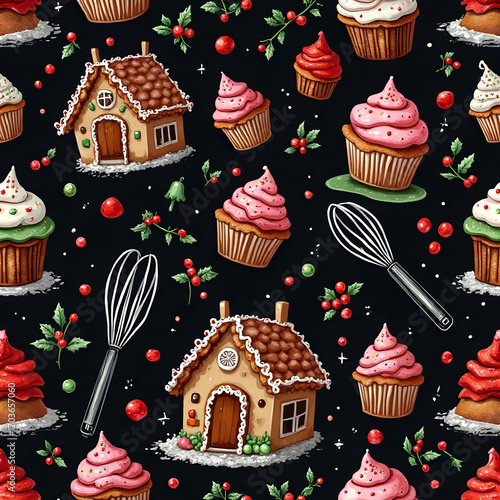 A festive pattern of gingerbread houses and cupcakes on black ground