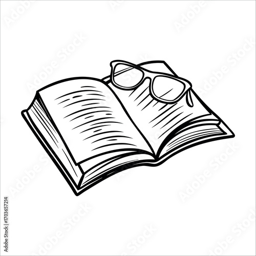 An open book with pages slightly curled. A pair of glasses rests on top of the book. The scene conveys a sense of reading and knowledge.