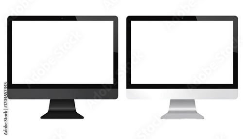 Two computer monitors, one black, one silver, with blank screens