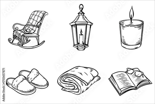 A cozy winter scene featuring a rocking chair, lantern, candle, slippers, blanket, and an open book. Ideal for relaxation and comfort themes.
