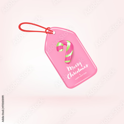 Merry Christmas and happy new year tag label 3d with Stick candy cane decoration. 