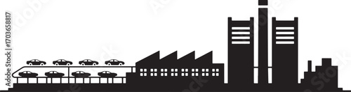 Automobile Manufacturing Plant Silhouette with Cars on Conveyor Belt Vector Illustration