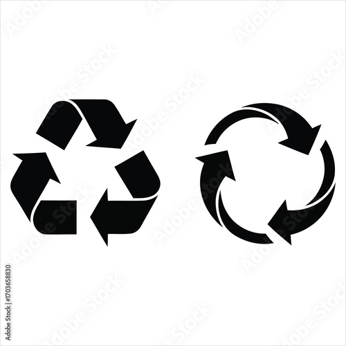 Black recycling arrows symbol and circular arrow symbol on white background recycle