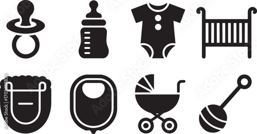 Baby Items Silhouette Vector Illustration Set Isolated on Transparent Background