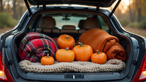 Road trip car packed with cozy blankets and pumpkins