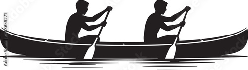 Canoe Silhouette Vector Illustration of Two People Paddling in a Boat on the Water