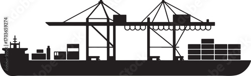 Cargo Ship Silhouette Vector Illustration with Cranes and Containers on Transparent