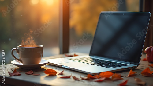 Study desk with laptop warm tea and leaves scattered around