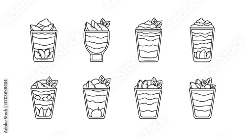 Collection of eight stylized tiki cocktail drinks in a simple line drawing silhouette style