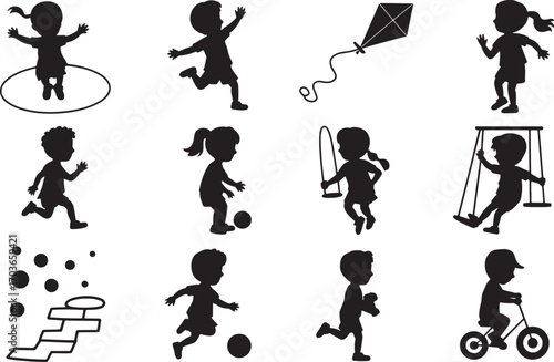 Children Playing Silhouettes Set on Transparent Background Childhood Activities and Recreation