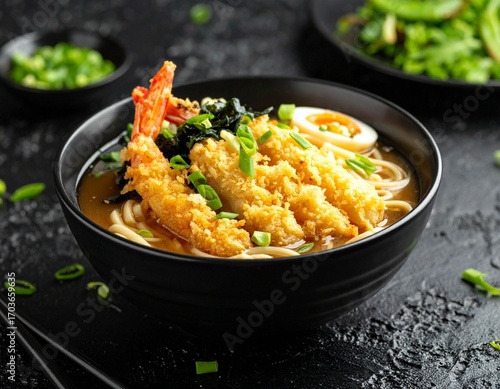 AI-generated illustration of a steaming bowl of shrimp tempura udon noodles.