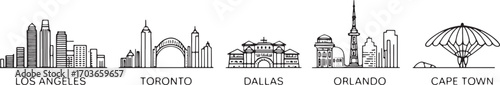 City Skyline Vector Set Featuring Los Angeles, Toronto, Dallas, Orlando, and Cape Town in Detailed Line Art
