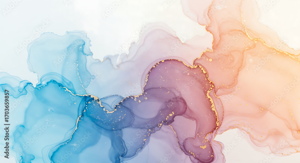 Fototapeta premium Pastel Blue and Purple Fluid Art Abstract Marble Texture with Gold Veins