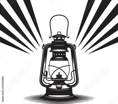 Classic Kerosene Lantern Vector Illustration with Radial Light Rays on Transparent Backdrop