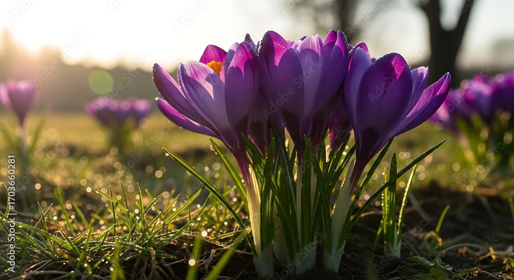Fototapeta premium Vibrant purple crocuses blooming in a sun-drenched meadow at sunrise, with dew drops on the grass.