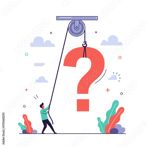 Man Pulling Large Question Mark With Pulley System.