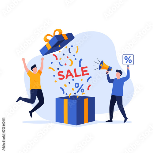Excited people celebrating a big sale event with confetti and a gift box.